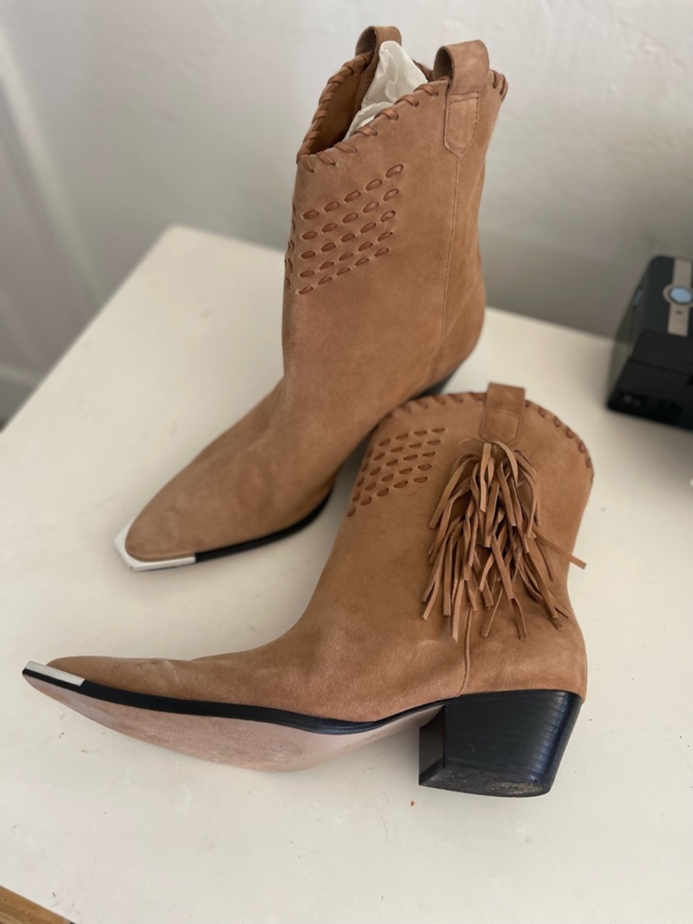 Schutz Alexxa Fringe Pointy Suede Ankle Cowgirl Boots